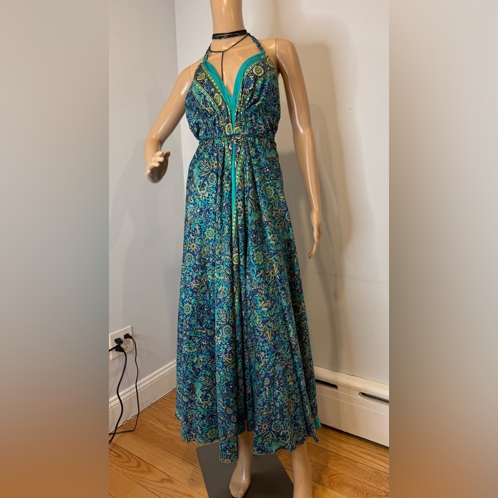 Boho Silk Halter Maxi Dress 1 Size | Adjustable Open Back Summer Beach Dress